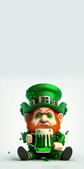 Poster - Clay Modeling of Leprechaun Man Sitting With Hold Beer Mug On Pastel Blue Background And Copy Space. 3D Render, St. Patrick's Day Concept.