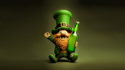 Wall Mural - 3D Render of Cheerful Leprechaun Man Holding Alcohol Bottle On Olive Green Background. St. Patrick's Day Concept.