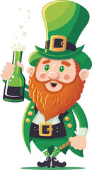 Sticker - Funny Leprechaun Man Character Holding Beer Bottle In Standing Pose.