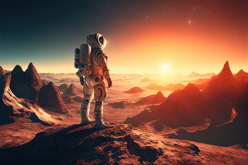 alone astronaut in space suit on surface of red planet. space exploration, colonization of new plane