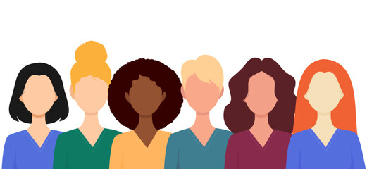 Six women of different nationalities races. Sisterhood for Equality. Vector illustration isolated on white background.