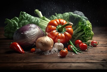 Wall Mural - Vegetables, moist and fresh, sitting on a wooden table in close-up. Generative AI