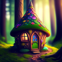 Image Of A Fairy House In The Woods, A Digital Rendering, Fantasy Art