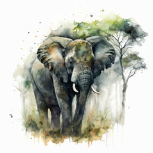 Generative AI Illustration Of Watercolour Painting Image Of Endangered African Elephant