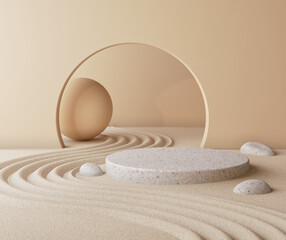 Cosmetic background for product presentation, podium display on Zen circle pattern in sand, 3d rendering.