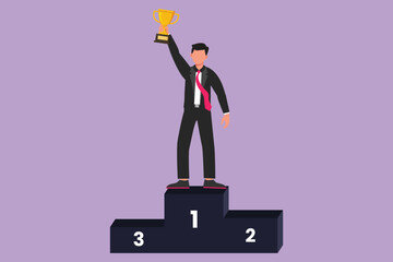 Wall Mural - Character flat drawing businessman in formal suit holding golden trophy with one hands on first podium. Company performance. Win business competition or achievement. Cartoon design vector illustration