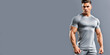 Handsome muscular man in fitness outfit over gray background with copy space, banner. generative ai