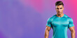 Handsome muscular man in fitness outfit over pink background with copy space, banner. generative ai