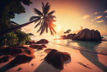 An Idyllic Beach And Ocean Landscape On A Tropical Island With Palm Trees And Coconut Trees In The Sunset Light. Generative AI