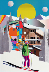 Ski Vacation Poster, Winter sports print, Vintage art, Collage art, AI generative, Trendy collage with mountains, winter sport resort, pop colors, interior art poster, mountain cabin decoration