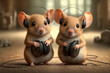 Photorealistic image of happy small cute mice with headphones, concept of animals and music, generative ai