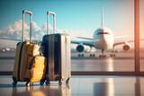 Fototapeta  - Travel departure, airport with luggage suitcases and airplane in the background, for tourism and marketing purposes
