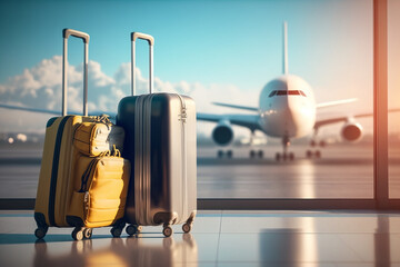 travel departure, airport with luggage suitcases and airplane in the background, for tourism and mar