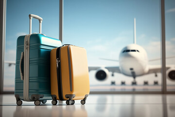 Wall Mural - travel departure, airport with luggage suitcases and airplane in the background, for tourism and mar