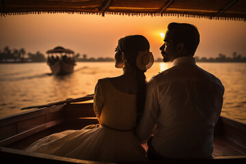 Wall Mural - Couple watching  the sunset in a boat in Venice, Italy 