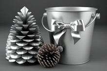 There's A Silver Present And A White Pail Full Of Pine Cones Against A Drab Gray Backdrop. Location To Get Ideas For Holiday Decorations Generative AI