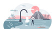 Clean drinking water as natural mountain river resource tiny person concept, transparent background. Fresh and clear filtered mineral drink from natural bio glaciers illustration.