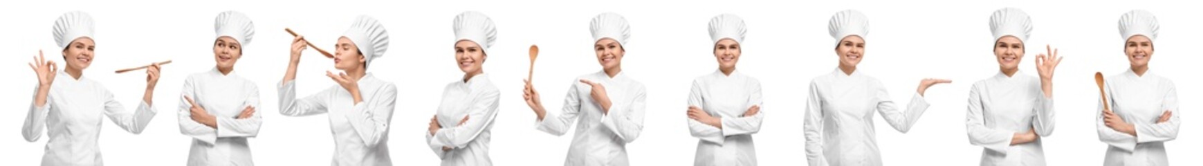 Wall Mural - Happy chef in uniform on white background, collage design