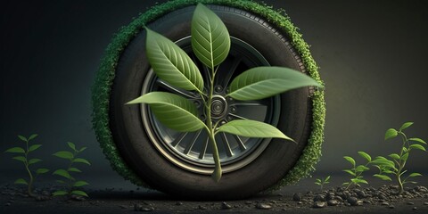 Tree growing out of car wheel