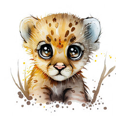 Wall Mural - Adorable cartoon watercolor illustration of a baby lion on a white background, perfect for a nursery or children room. Generative AI