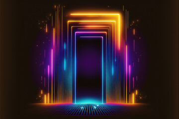 Neon light background: glowing lines, tunnel, neon lights, virtual reality, square portal, arch, pink blue orange vibrant colors, laser show. Generative AI illustration.