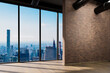 large urban skyline loft office with red brickstone wall and white canvas mock up; copy space in front of panoramic window skyline view, 3D Illustration