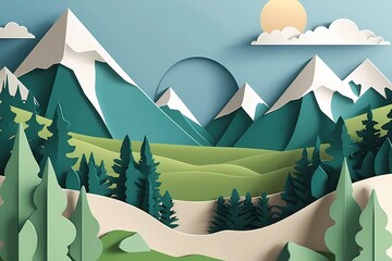 Mountains papercut background. Art style landscape illustration in craft style. Layered spring or summer design with mountains, forest, grass, sun and cloud. Space for text.