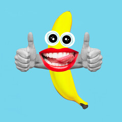 cartoon banana with mouth with red lips showing tongue showing thumb up gesture with hands isolated 