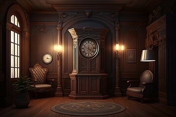 Wall Mural - Victorian style living room interior in cozy home with wooden walls and decorations and a granfather clock next to television