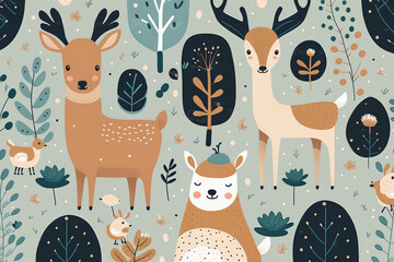 Wall Mural - Cute deer in the forest seamless pattern kids print Generative AI