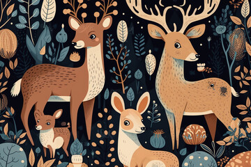 Wall Mural - Cute deer in the forest seamless pattern kids print Generative AI