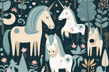 Wall Mural - Cute unicorns and unicorn seamless pattern kids print Generative AI