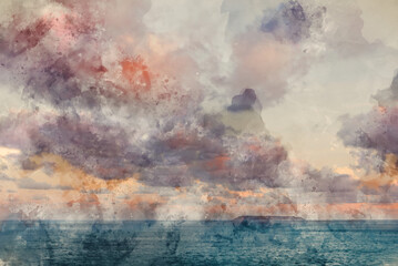 Wall Mural - Beautiful sunrise clouds formations and colour over Lundy Island on Devonshire coast in England during late Summer