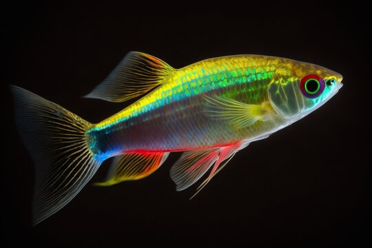 Neon tetra glowing black background, concept of Vivid Colors and Electric Illumination, created with Generative AI technology