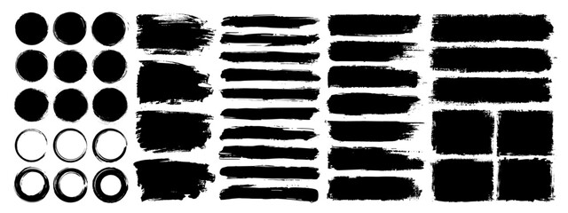 Big set of vector paint brush stroke and grunge banner for abstract background decoration. Black ink stain, splash, splatter and watercolor texture illustration. Grungy circle, frame and line art.