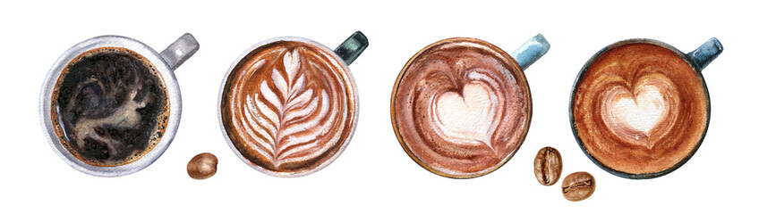 Watercolor illustration of a Cappuccino coffee cup top view, isolated on a white background.