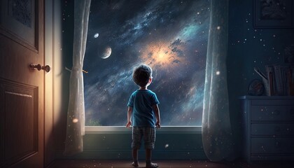 a kid watching out at big window open to galaxy sky, midnight time, idea for imagination and dream concept, Generative Ai