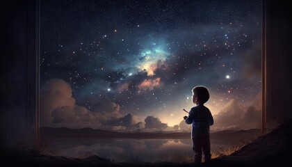 Wall Mural - a kid watching out at big window open to galaxy sky, midnight time, idea for imagination and dream concept, Generative Ai