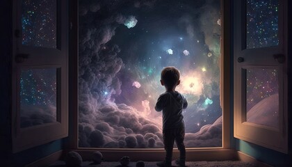 Wall Mural - a kid watching out at big window open to galaxy sky, midnight time, idea for imagination and dream concept, Generative Ai