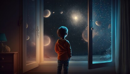 Wall Mural - a kid watching out at big window open to galaxy sky, midnight time, idea for imagination and dream concept, Generative Ai