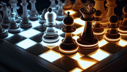 Wall Mural - illustration of close-up chess board idea for tactic and strategy background theme, Generative Ai