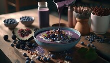 Close Up Granola Bowl Full Of Nuts, Grain And Mix Berries  Blueberry Fruit, Premium Homemade Dish, Generative Ai