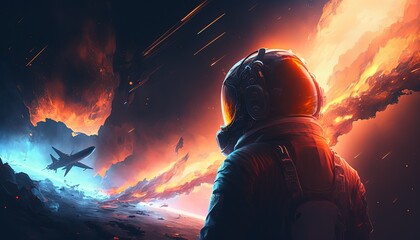 Wall Mural - illustration of an astronaut in space battlefield, idea for sci-fi and space punk background wallpap