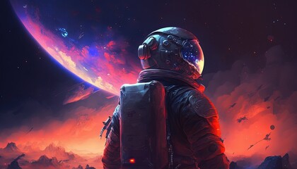 Wall Mural - illustration of an astronaut in space battlefield, idea for sci-fi and space punk background wallpap