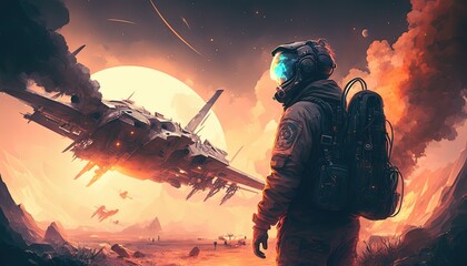 Wall Mural - illustration of an astronaut in space battlefield, idea for sci-fi and space punk background wallpap