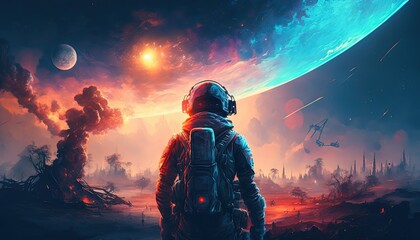 Wall Mural - illustration of an astronaut in space battlefield, idea for sci-fi and space punk background wallpap