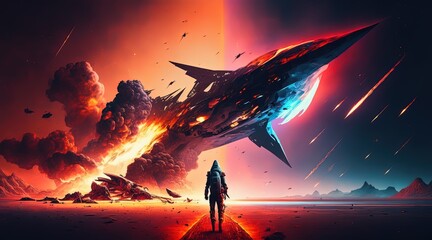 Wall Mural - illustration of an astronaut in space battlefield, idea for sci-fi and space punk background wallpap