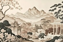 Beautiful Landscape Of Mountains With Gardens And Flowers By Chinese Style. Beige, Pastel Colors.