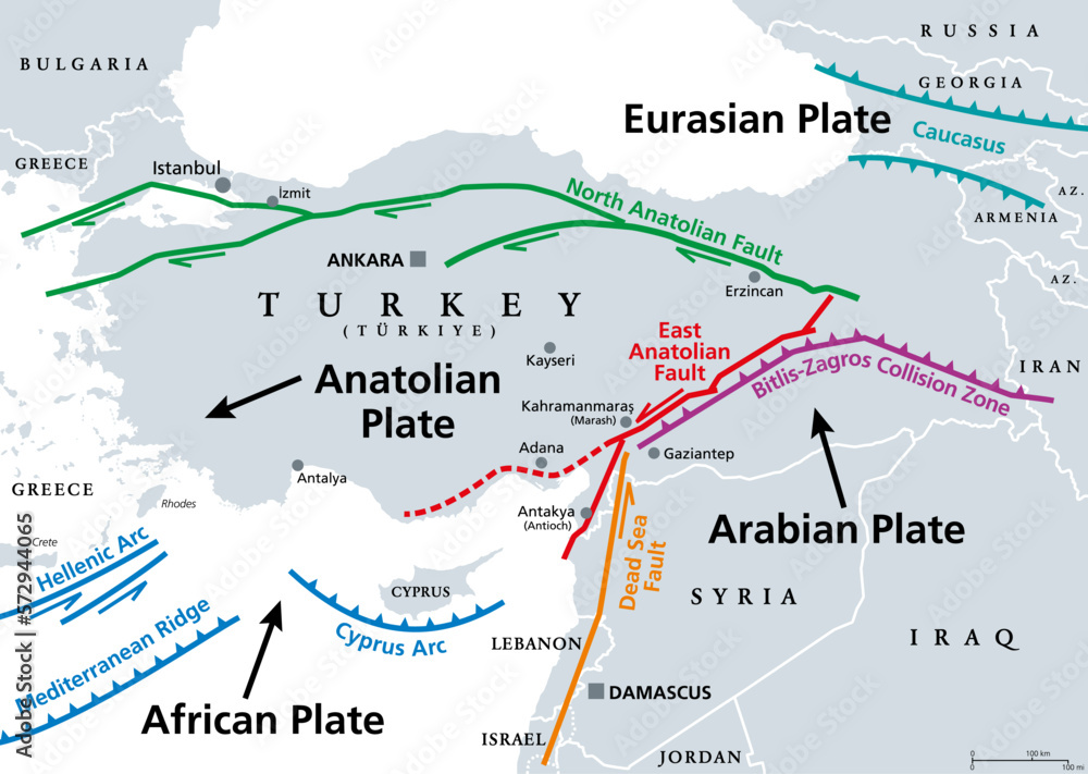 Anatolian Plate tectonics, gray map. Most of the country of Turkey is located on the Anatolian continental tectonic plate, separated from Eurasian and Arabian Plate by North and East Anatolian Fault.