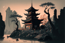 Tranquility And Balance: Cartoon Illustration Of Taoist Temple And Its Peaceful Setting With A Orange Hue Colorgrade